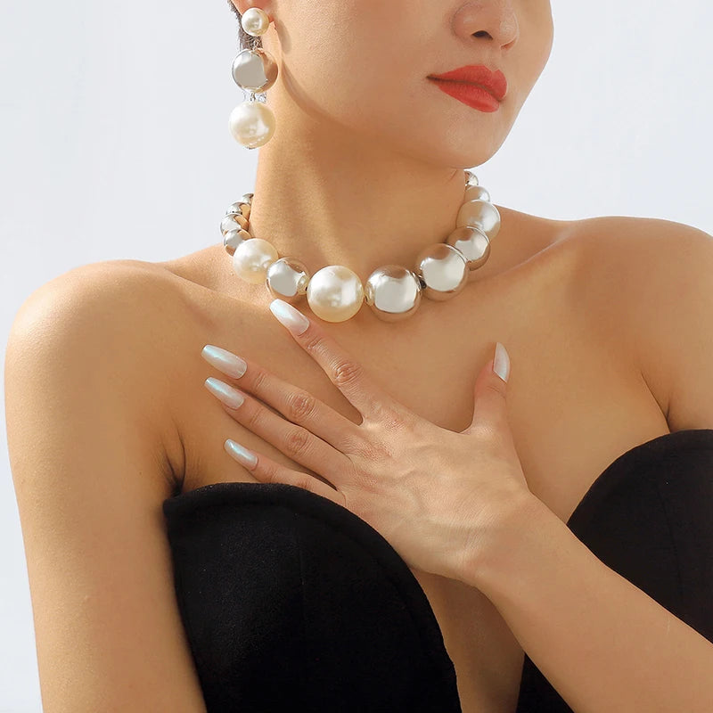 Korean Fashion Colored Pearl Ball Necklace for Women Exaggerated Tassel Hoop Earrings Hip Hop Street Clavicle Chain Jewelry Sets