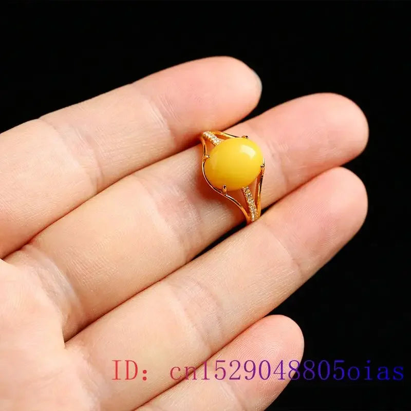 Yellow Amber Ring Fashion 925 Silver Charm Gemstone Zircon Women Gift Amulet Jewelry Natural Crystal