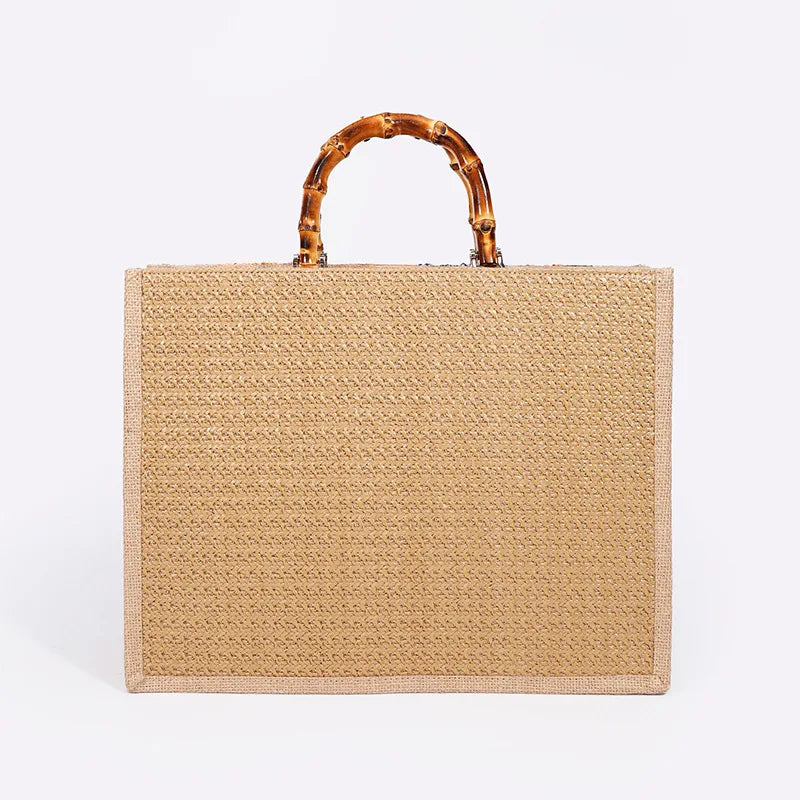 Vintage Bamboo Handle Women Handbags Sequins Embroidery Tote Bags Casual Linen Large Capacity Summer Beach Bag Big Female Purse