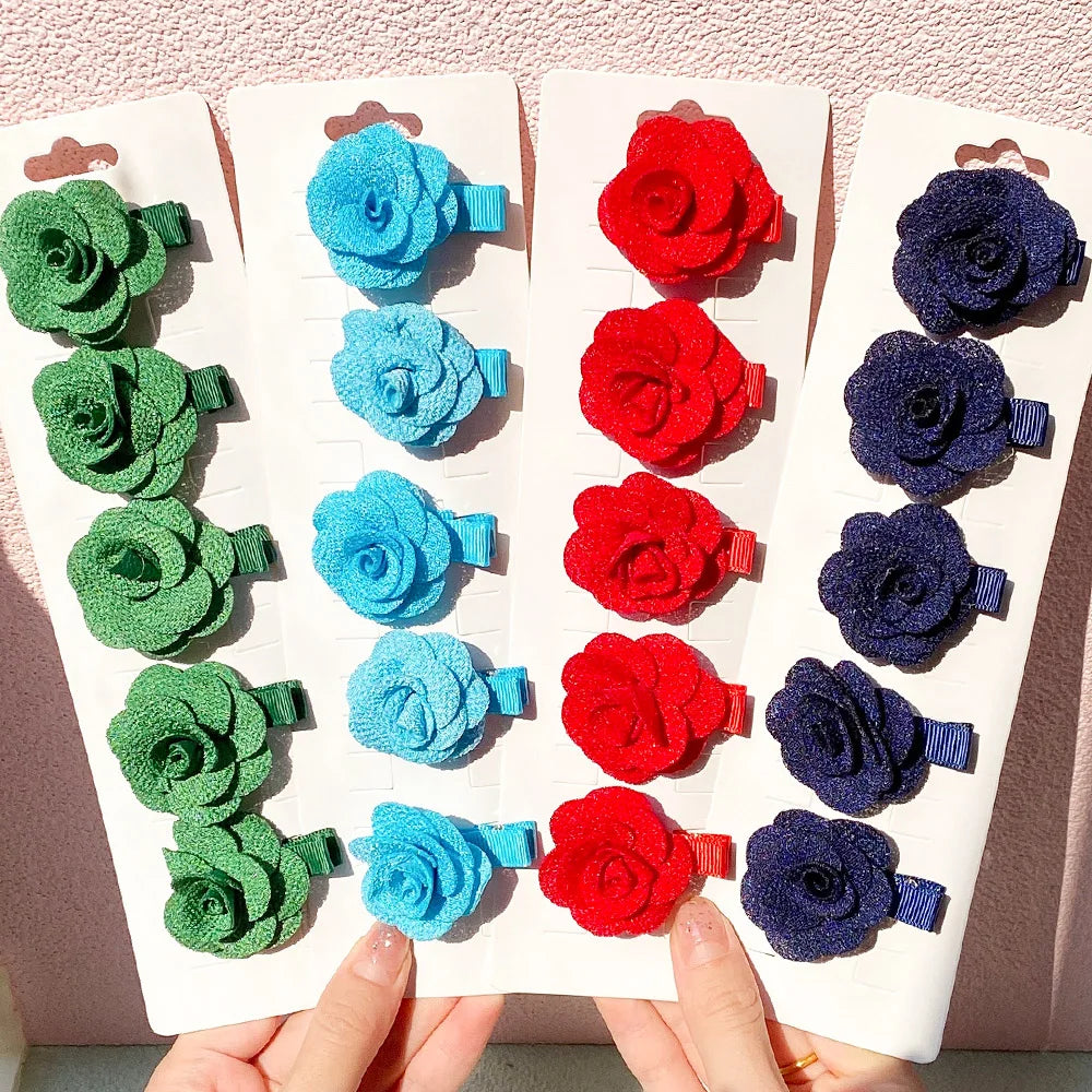 5Pcs/Set Solid Color Sweet Camellia Hair Clips For Kids Girls Flower Hairpins Covered Safety Clips Headwear Hair Accessories