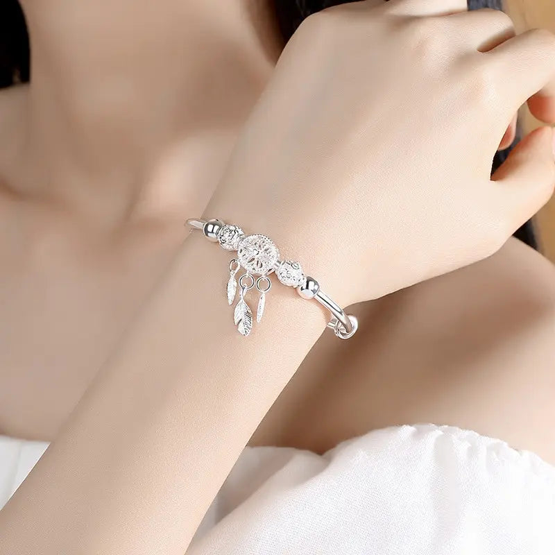 1pcs Copper Alloy Silver Plated Bracelet Ladies Cold Wind Dreamcatcher Leaves Tassel Turn Beads Jewelry