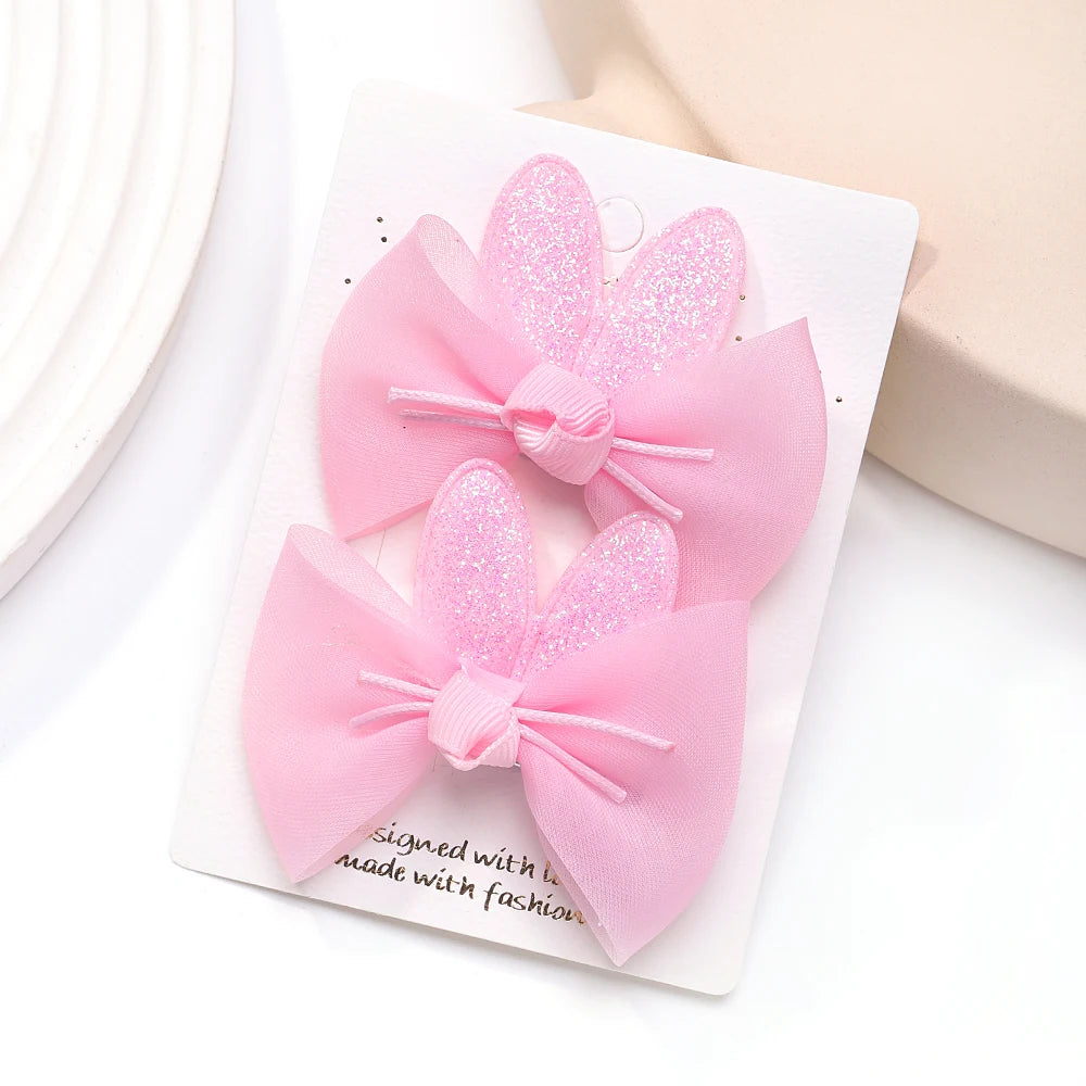 2pcs/set New Girls Kids Gauze Bow Hairpin Rabbit ears Hair Clips Princess Hair Accessories Baby Barrettes Wholesale