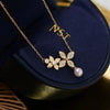 Flower World~ S925 Silver Plated 18K Gold Clover Zircon Bead Pearl Pendant Necklace Clavicle Chain Premium Sense