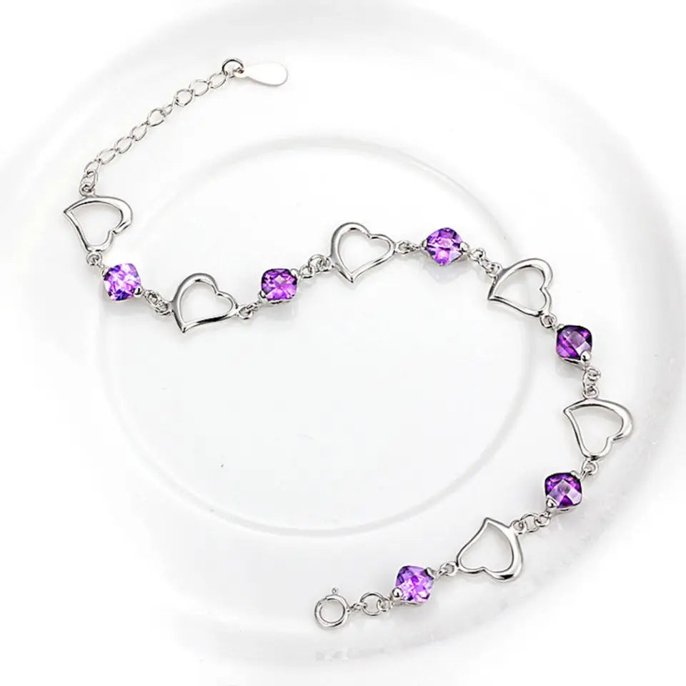KCRLP Noble 925 Sterling Silver Bracelet Heart Purple Crystal Zircon  For Woman Party Engagement Jewelry