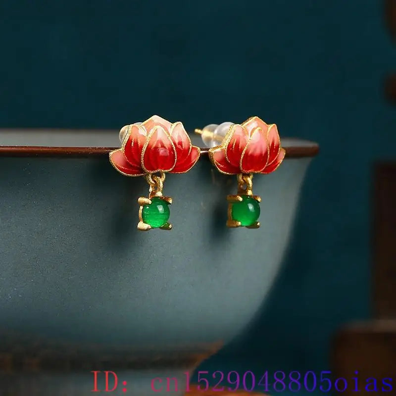 Green Real Jade Lotus Earrings Stone Women Gift Ear Studs Carved Luxury Designer Talismans Natural Jewelry 18K Gold Plated