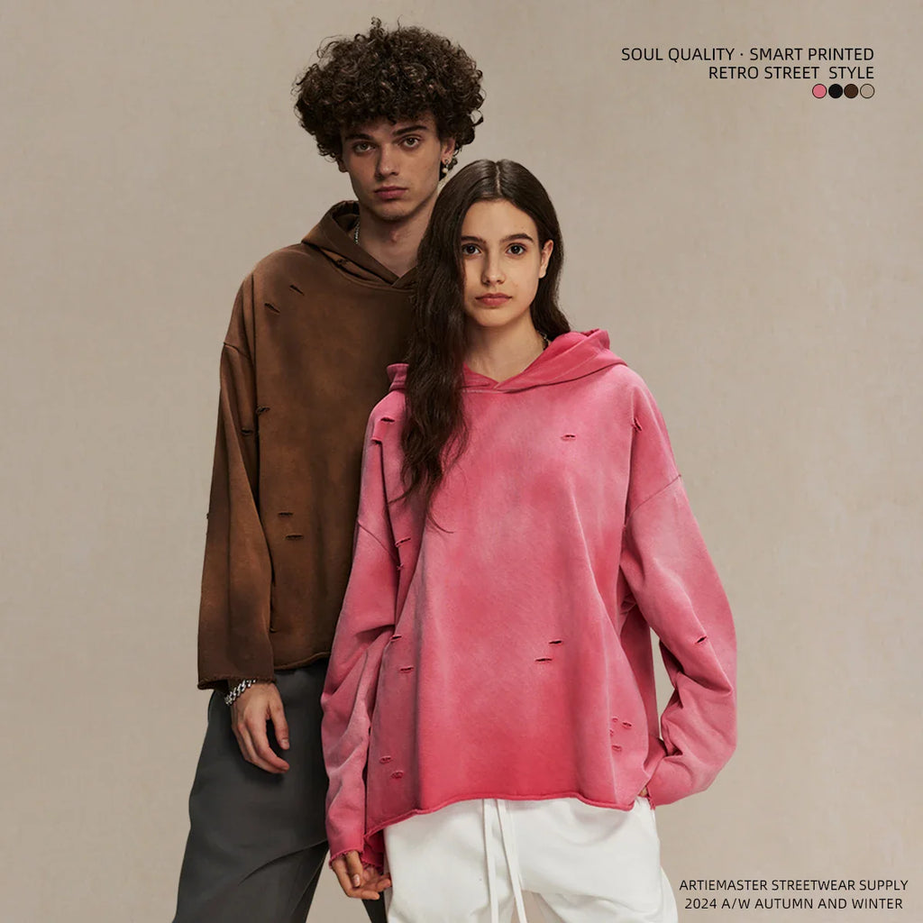 Irregular holes in the raw edge of the old wash water spray monkey hair hoodie