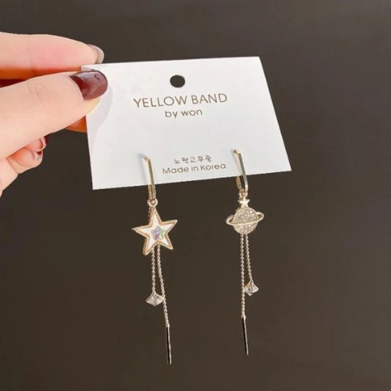 New Trend Star Earth Long Tassel Dangle Earrings For Women Planet Crystal Statement Pendant Earrings Wedding Party Jewelry