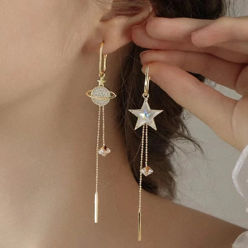 New Trend Star Earth Long Tassel Dangle Earrings For Women Planet Crystal Statement Pendant Earrings Wedding Party Jewelry