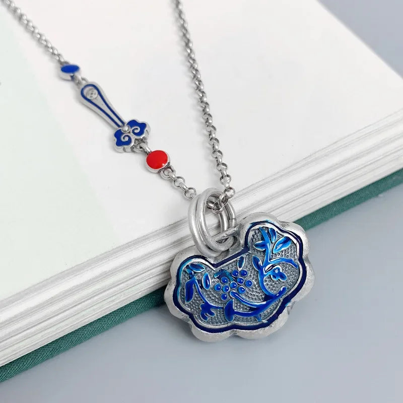Original 925 Silver Faceted Blue Orchid Enamel Ruyi Necklace for Women Charms Exquisite Pendant Clavicle Chain Banquet Jewelry