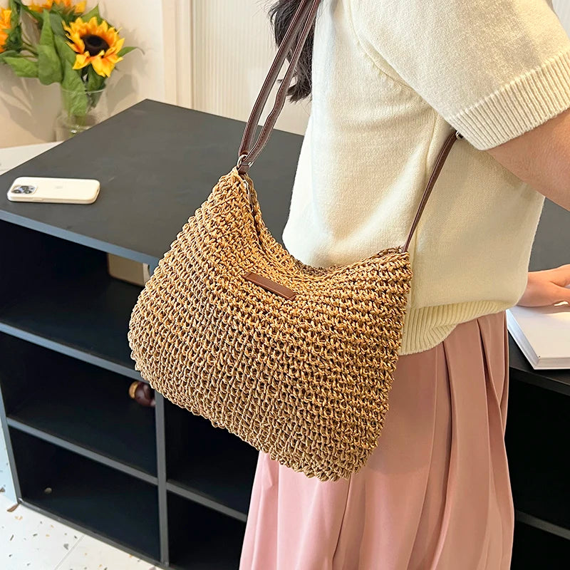 Straw Bags for Women Trend 2024 Casual Designer Solid Color Crossbody Bag Female Vacation Beach Shoulder Bag Sac De Luxe Femme