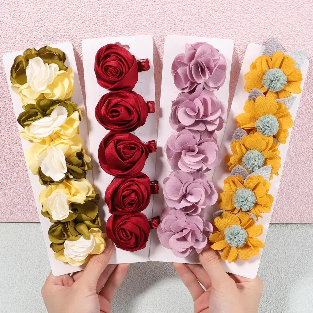 1Set 3-5Pcs Children Handmade Chiffon Petals Poppy Flower Hair Clips Rolled Rose Fabric Hair Flowers Kids Girls Hair Accessories