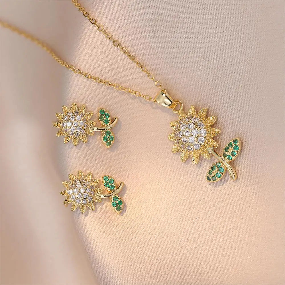 Stylish and Beautiful Rhinestone Sunflower Pendant Necklace and Earrings Set Women's Necklace Perfect Gift for Girls Ladies