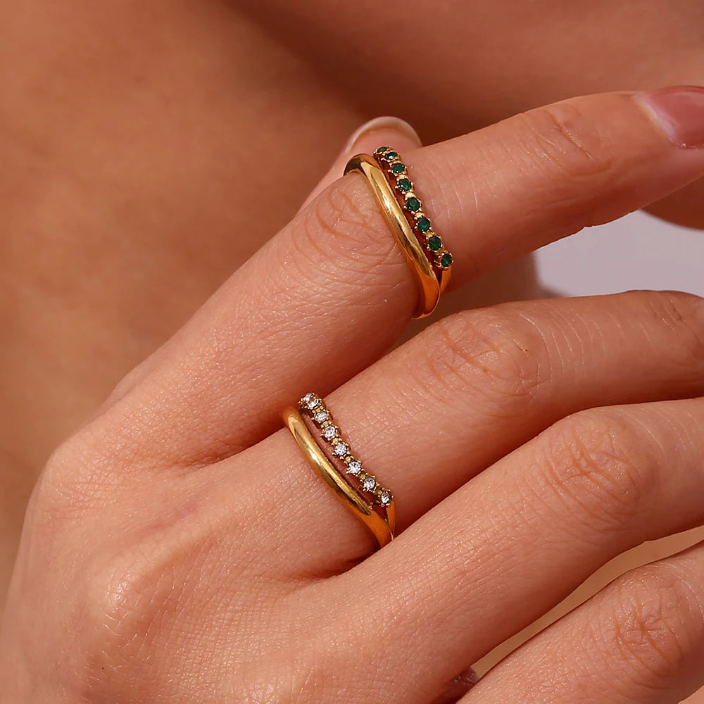 E.B.belle Stainless Steel Jewelry Trendy Micro Paved Rhinestone Multiple Layer Wedding Party Rings For Bridal Gold Plated Ring
