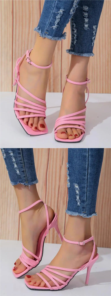 Women's Shoes Roman Style Square Toe Thin High Heel Sandals Pink Hollow Buckle Strap Sandales Femmes Casual Summer Footwear 2024