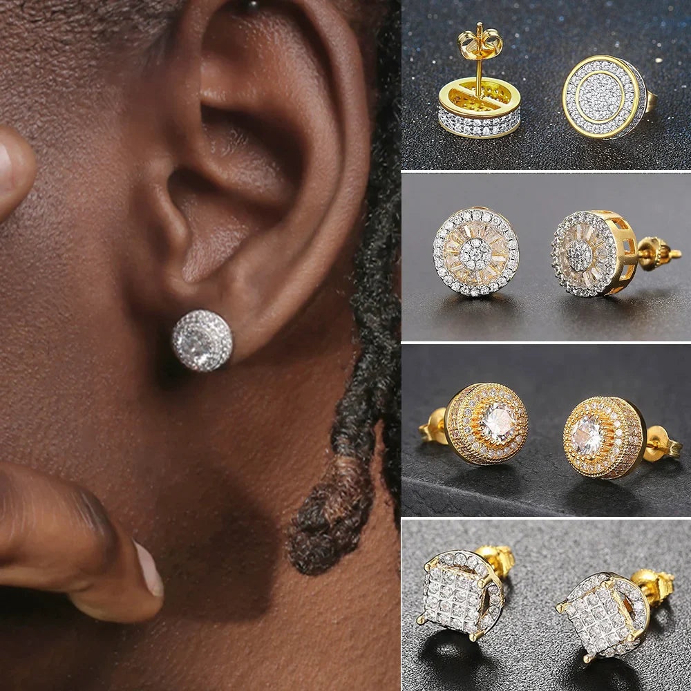 Round Hip Hop Ice Studded Earring for Men Gold Color Iced Out Zircon Piercing Ear Accessories Personality Jewelry for Women
