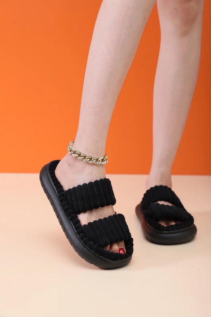 Women Spring Autumn Home Cotton Slippers Ladies Open Indoor Drop Toe Slides New Imitation Rabbit Hair Inside Flat Slippers