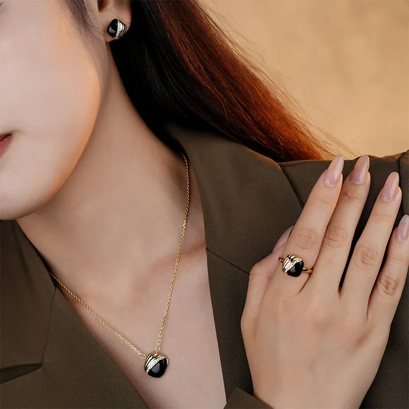 Design light luxury black onyx necklace 925 sterling silver geometric zircon earrings asymmetric open ring