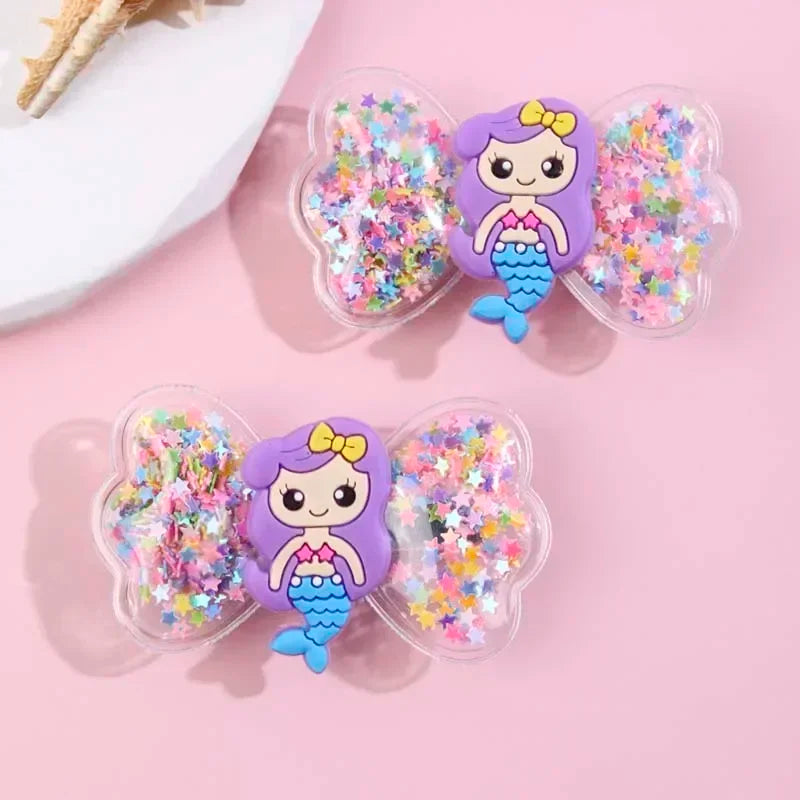 ncmama 2Pcs Lovely Mermaid Hair Clips For Baby Girls Quicksand Sequins Star Bows Hairpin Kids Headwear Boutique Hair Accessories