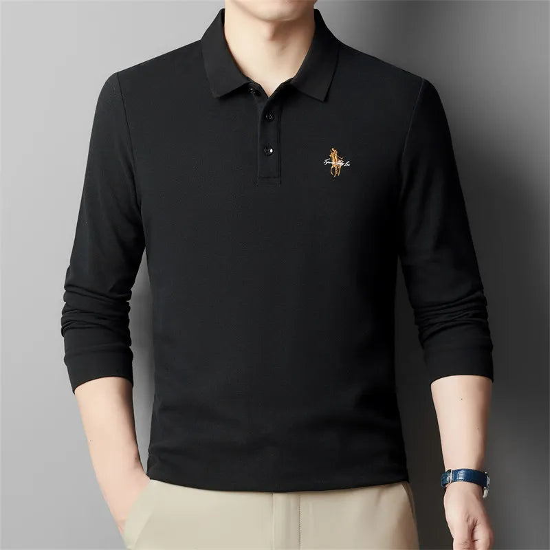 100% pure cotton long sleeved brand embroidered POLO shirt men's 2024 spring new trend T-shirt high-end comfortable casual top