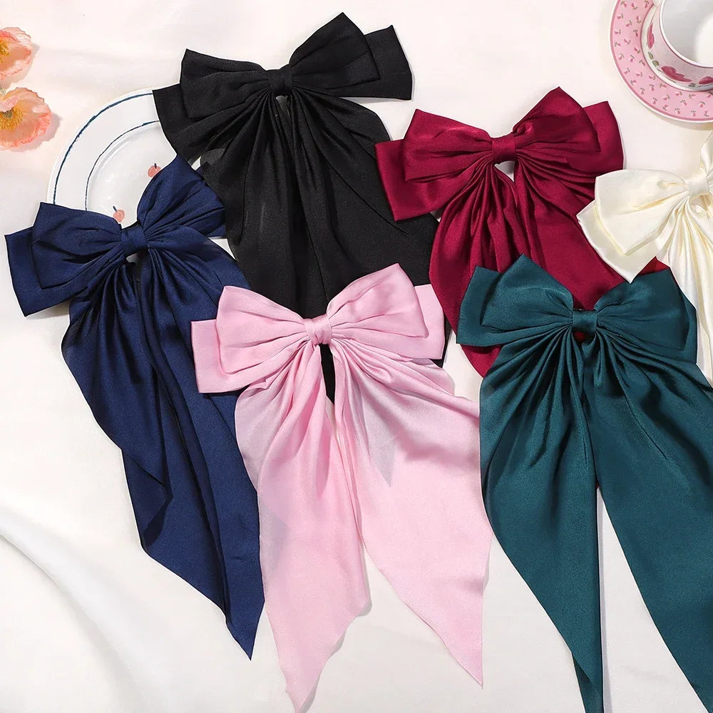 2PCS Elegant Bow Ribbon Hair Clip Fashion Solid Bowknot Satin Hairpin Barrettes Girls Ponytail Clip Women Hair Accessories 14Y+