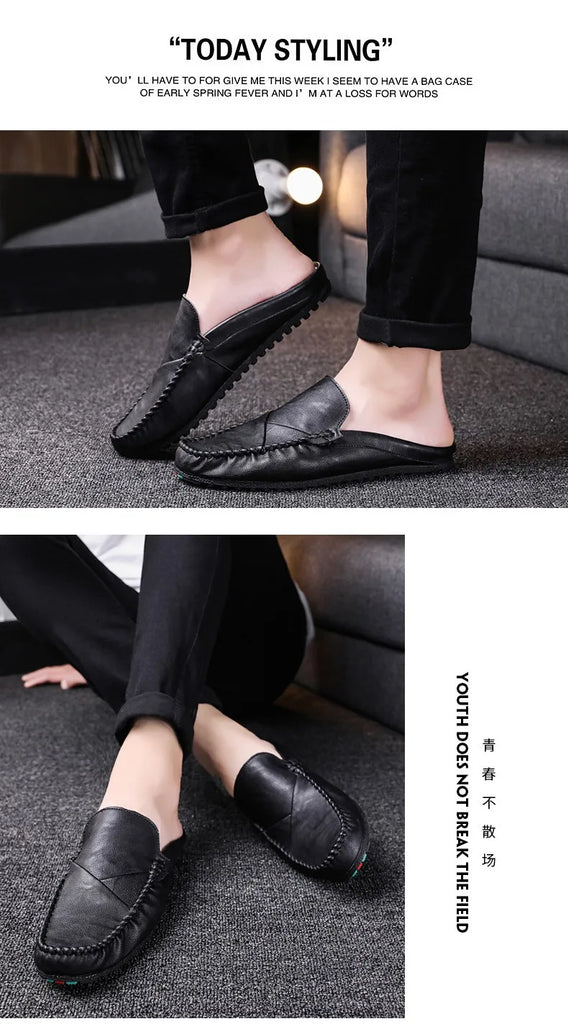 New 2023Half Shoes For Men Leather Half Slipper Slip On 3 Colors Flat Italian Style Fashion Driving Shoes Man Ciabatte