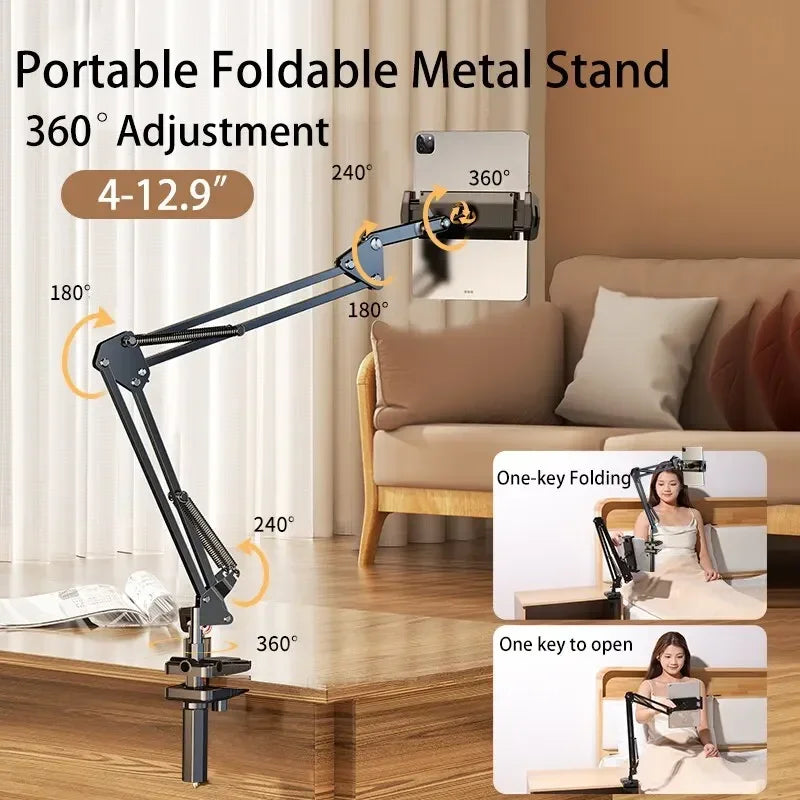 Metal Rotatable Tablet Stand Long Arm Phone Bracket 180° Adjustable Holder Accessories for IPad Pro Mini Air Xiaomi Tablet