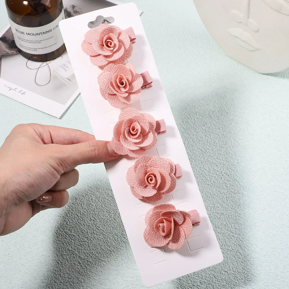 5Pcs/Set Solid Color Sweet Camellia Hair Clips For Kids Girls Flower Hairpins Covered Safety Clips Headwear Hair Accessories