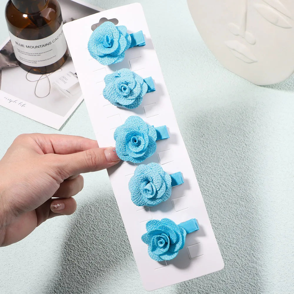 5Pcs/Set Solid Color Sweet Camellia Hair Clips For Kids Girls Flower Hairpins Covered Safety Clips Headwear Hair Accessories