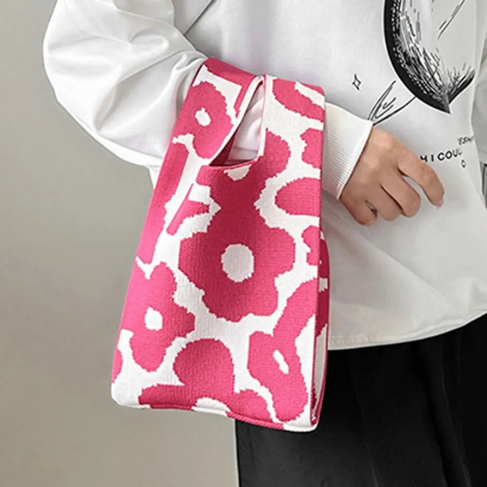 1Pc Knitted Wrist Bag Women Bag Casual Shoulder Bag Tote Bag Flower Print Female Reusable Shopping Bags Woven Handbag Fashion