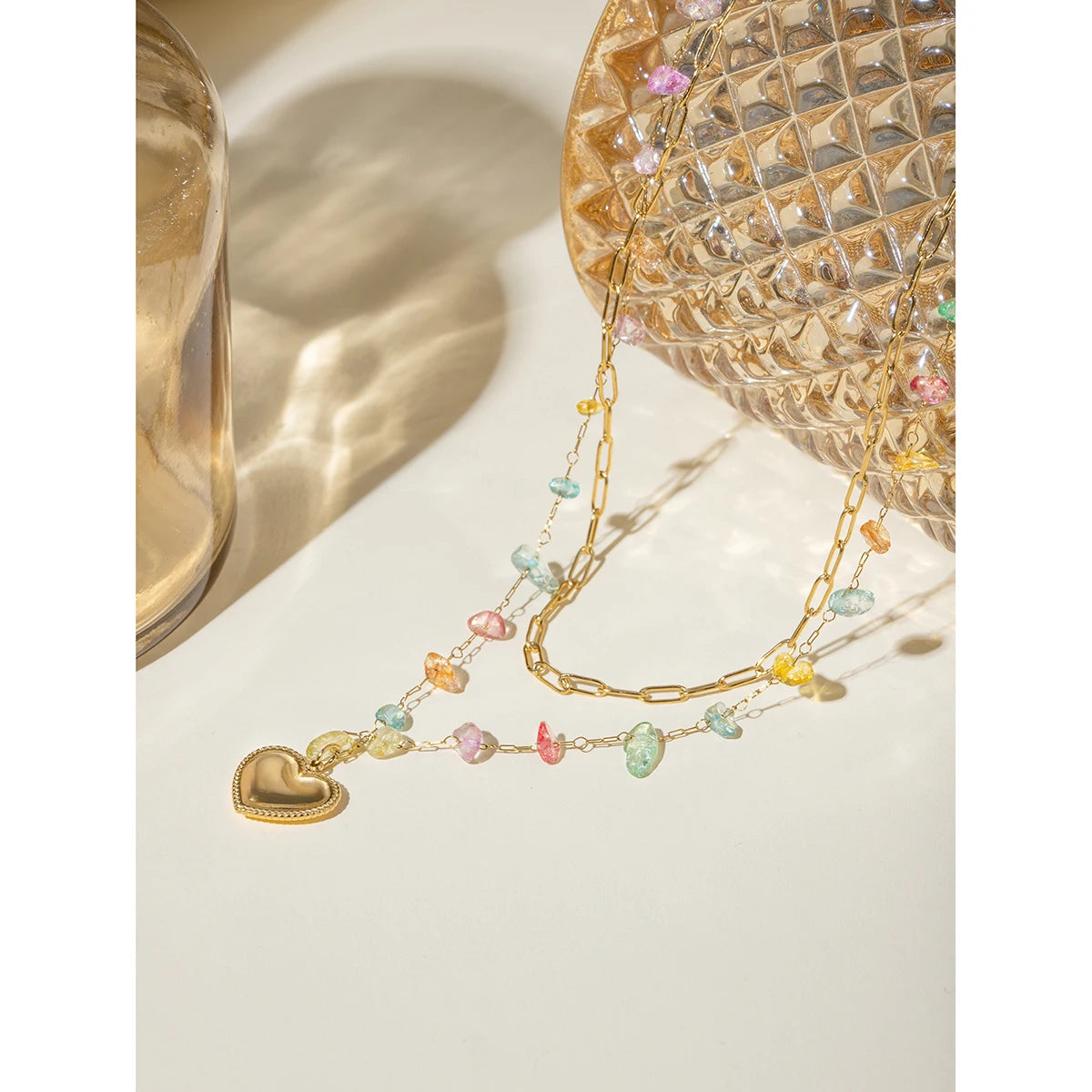 18k gold plated minimalist double layer chain hanging love heart necklace inlay colored gravel stainless steel delicate jewelry