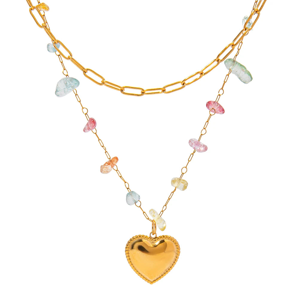 18K Gold Plated Minimalist Double Layer Chain Hanging Love Heart Necklace Inlay Colored Gravel Stainless Steel Delicate Jewelry