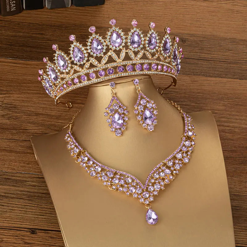 New Gorgeous Silver Color Purple Crystal Bridal Jewelry Sets Rhinestone Tiaras Earrings Necklace Crown Wedding Dubai Jewelry Set