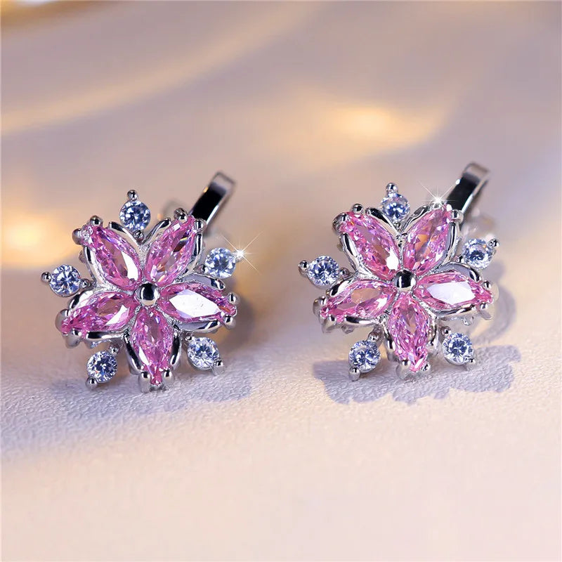 Luxury Female Small Pink Zircon Stone Clip Earrings Charm Silver Color Wedding Jewelry For Women