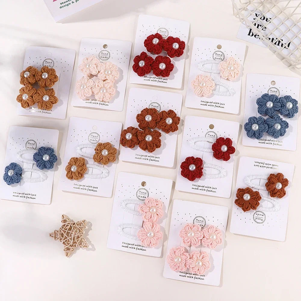 2pcs/set Girls Cute Flower Bow Star Solid Color Safe Nylon &knitting & Mesh Kids Hair Clips  Accessories Hairpins For Children