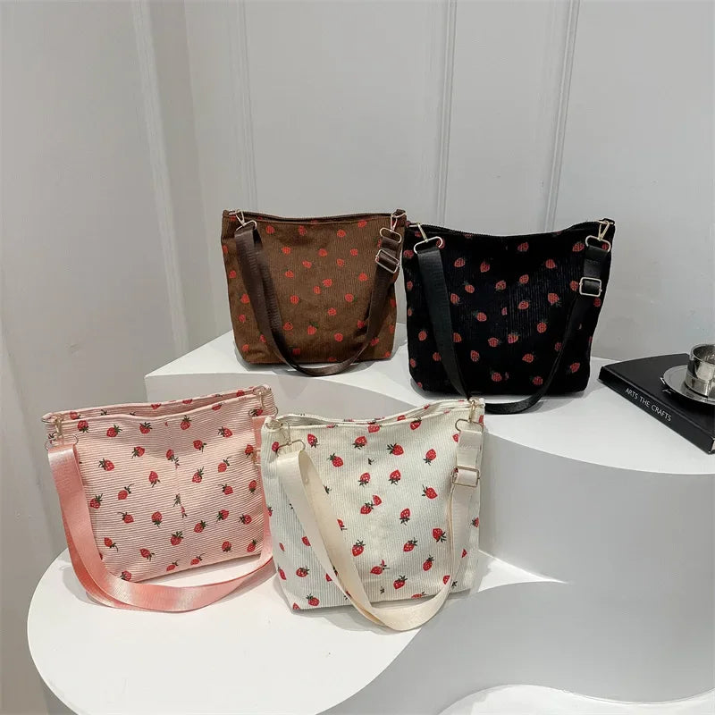 Classic Corduroy Strawberry Printing Shoulder Bag Removable Adjustable Strap Crossbody Bag Women Student Cute Fruit Tote Bag