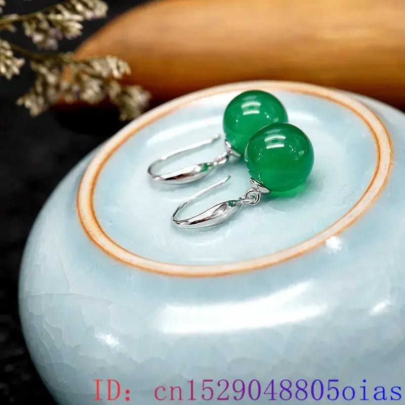 Green Real Jade Bead Earrings 925 Silver Gift Talismans Designer Carved Natural Jewelry Women Fashion Gemstone Gifts Stone