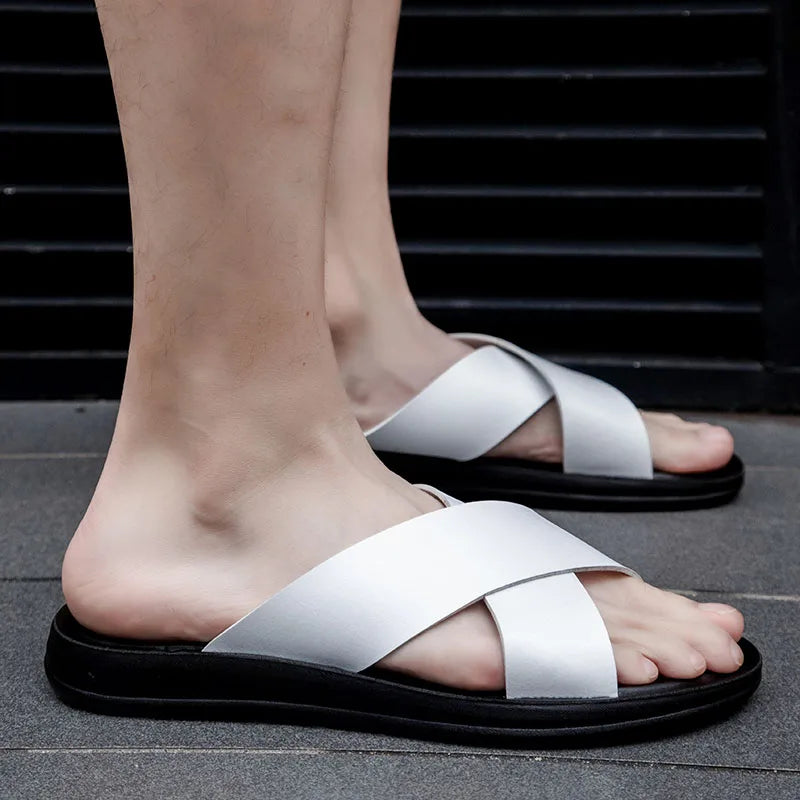 2023 Fashion Men Real Leather Slippers Summer New Black White/red/yellow Cross Over Slippers Men's Leisure Comfort Flat Sandals