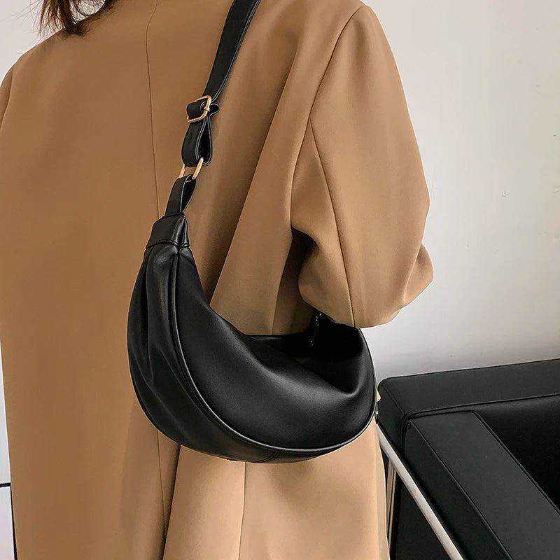 Half Moon Small PU Leather Zipper Crossbody Bags For Women Solid Color Shoulder Handbags 2023 Trends Winter Luxury Brand