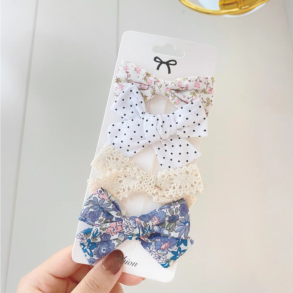 4Pcs/Set Sweet Lace Printed Bowknot Hair Clips For Cute Girls Handmade Hairpin Boutique Barrettes Headwear Kids Hair Accessories
