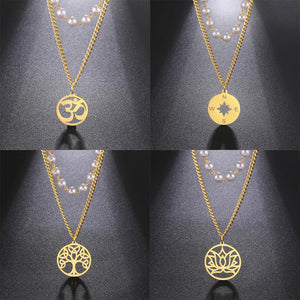 Stainless Steel Double Layer Pearl Necklace for Women Hollow Lotus Pandent Choker 2022 New Trend Jewlery Gift