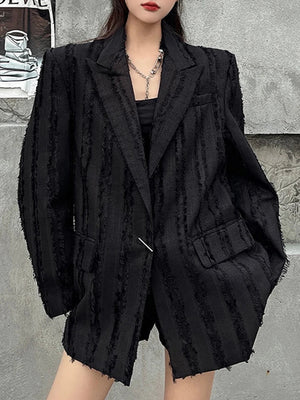 SONNEESD Streetwear Fashion Harajuku Style Neutral Coat Rough Edge Vintage Personality Full Sleeve Design Loose Black Suit Coat