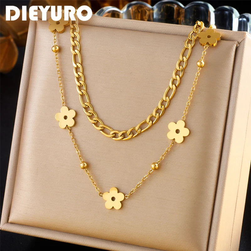 DIEYURO 316L Stainless Steel Gold Color Double Layered Flowers Necklace New Fashion Pendant Simplicity Chain Neck Jewelry Gifts