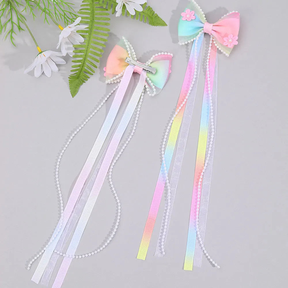 Sweet Pearl Long Tassel Hairpin Girls Satin Ribbon Hair Clip Barrettes Kids Party Hair Accessories Headwear Ponytail Clips