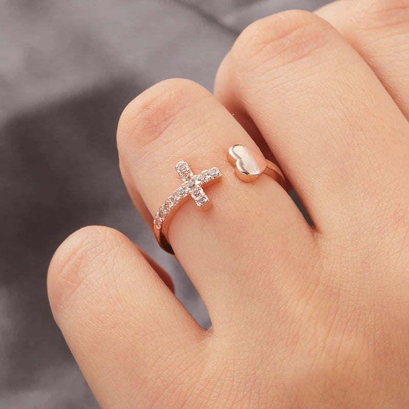 Women Cross Heart Open Rings Korean Zircon Adjustable Finger Ring Golden Silver Pink Color Stainless Steel Couple Rings Jewelry