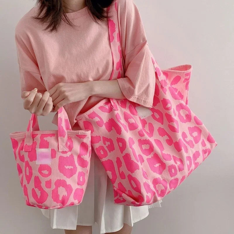 Pink Leopard Shoulder Bag Women's Large Capacity Casual Totes Ladies Cute Canvas Bags Bucket Handbag 2024 NEW