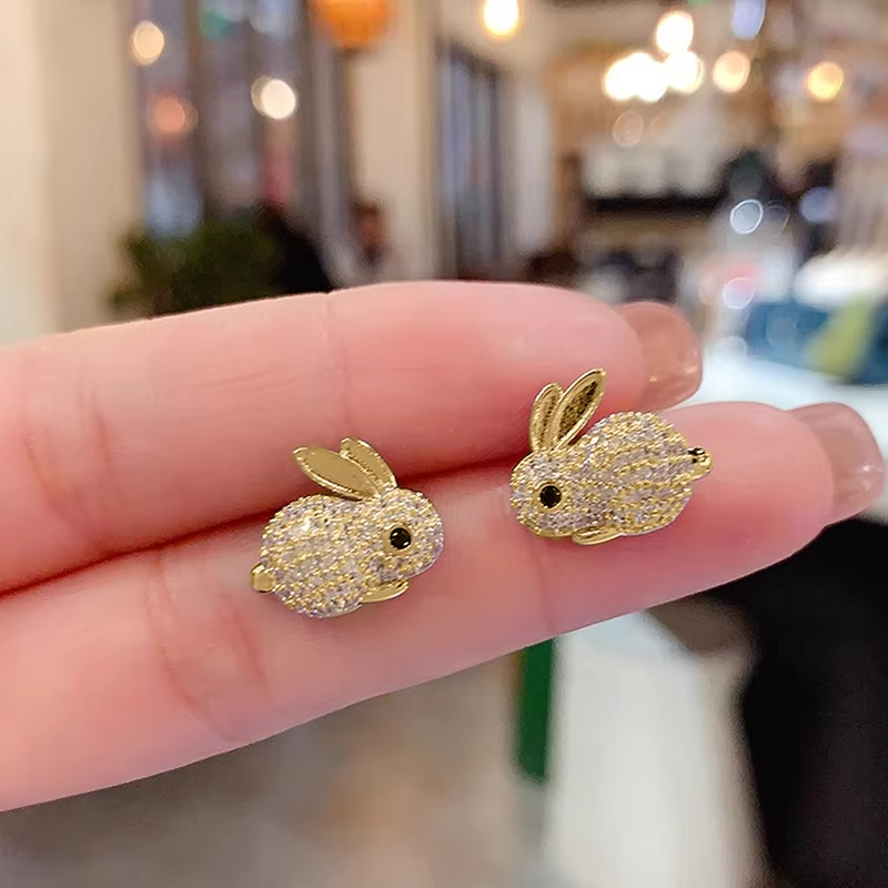 Huitan Animal Rabbit Stud Earrings for Women Full Paved CZ Cute Ear Accessories Fancy Girls Gift Daily Wear Party Trendy Jewelry