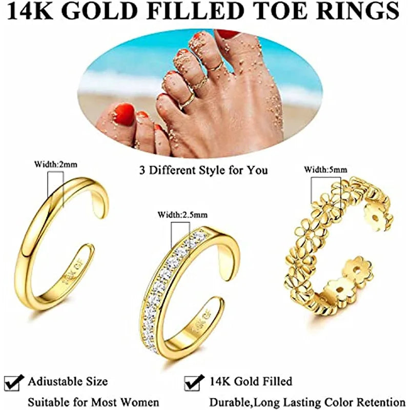 3PCS Filled Toe Rings Set for Women 14K Gold Plating Adjustable Simple CZ Flower Ring Summer Beach Jewelry