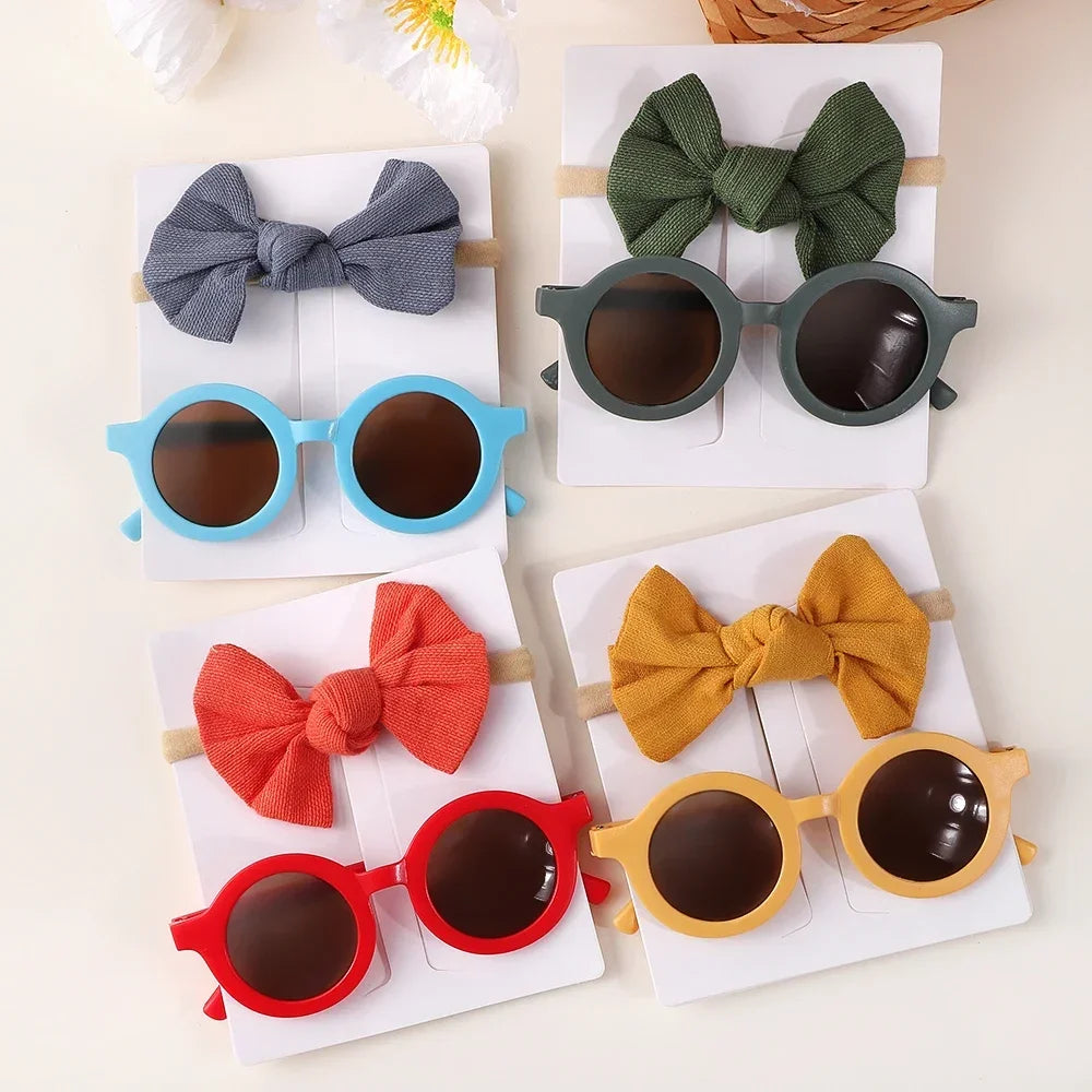 2Pcs/set Kids Summer Round Sunglasses Bows Headband Gift Sets Children Lovely Glasses Protection Hair Accessories for Girls