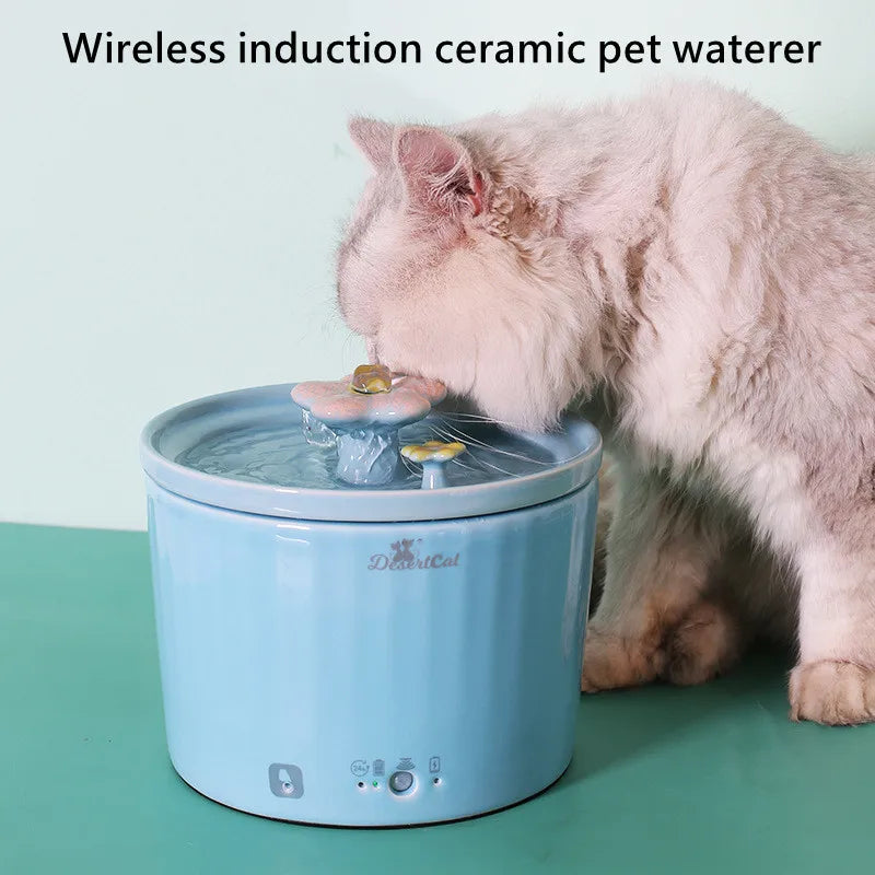 Ceramic Water Fountain For Cats,wireless Drinker,smart Reminder, Intelligent Sensing Pet Bowl, Indoor Decor, Pet Accessories