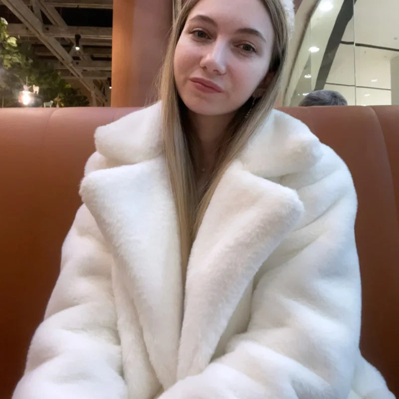 2022 New Women Winter Warm Faux Fur Coat Thick Women Middle -Long Overcoat Turn Down Collar Women Warm Female  Casaco Feminino